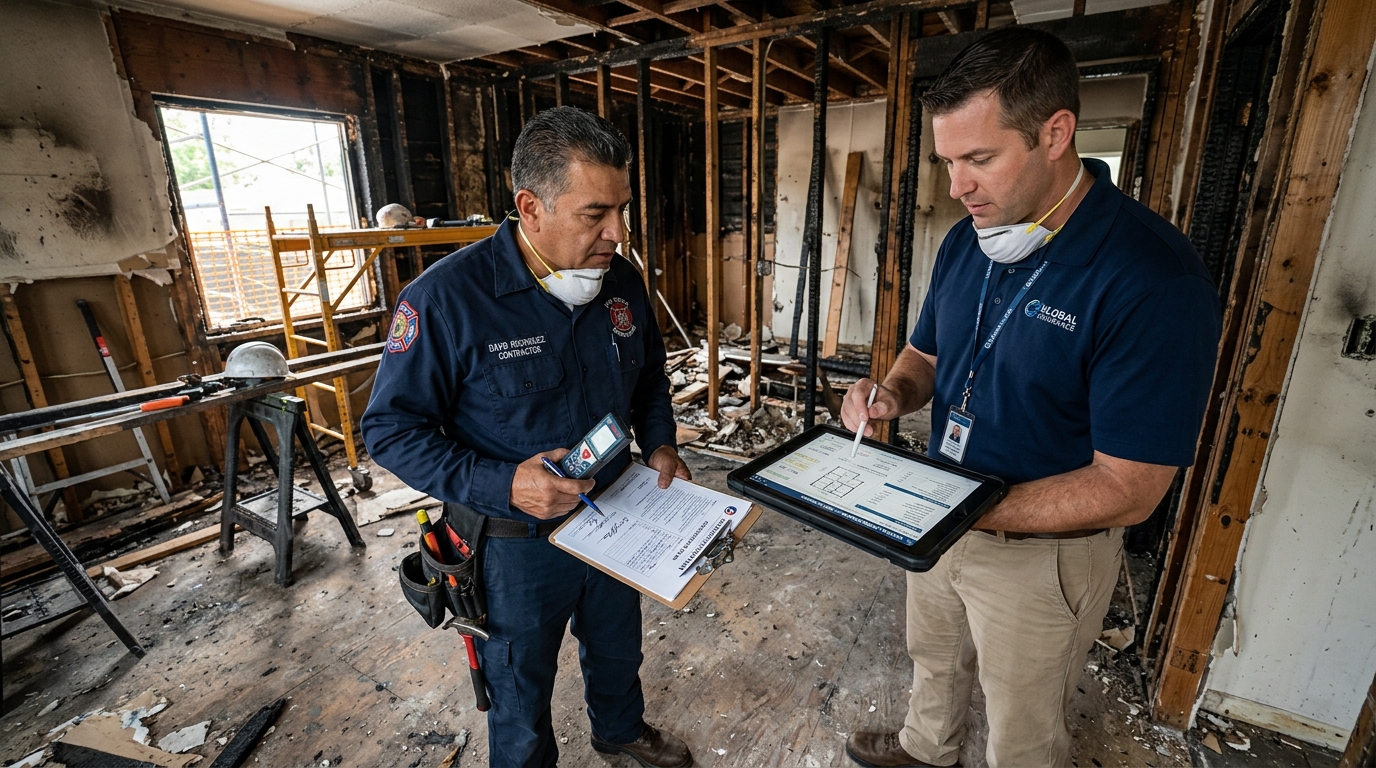 Restoration contractor and insurance adjuster reviewing digital Xactimate rebuild scope on a tablet inside a fire-damaged home