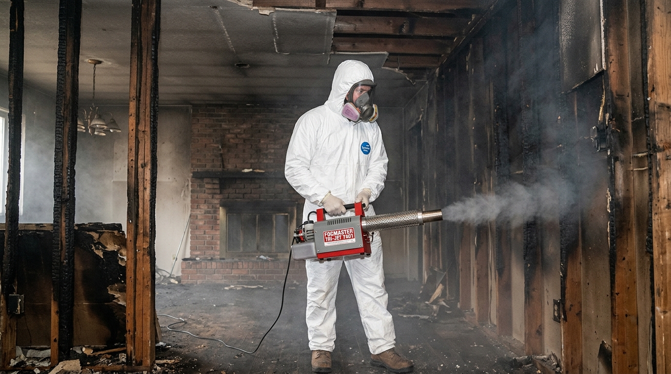 Restoration technician in protective gear operating an industrial thermal fogger to neutralize deep structural smoke odors