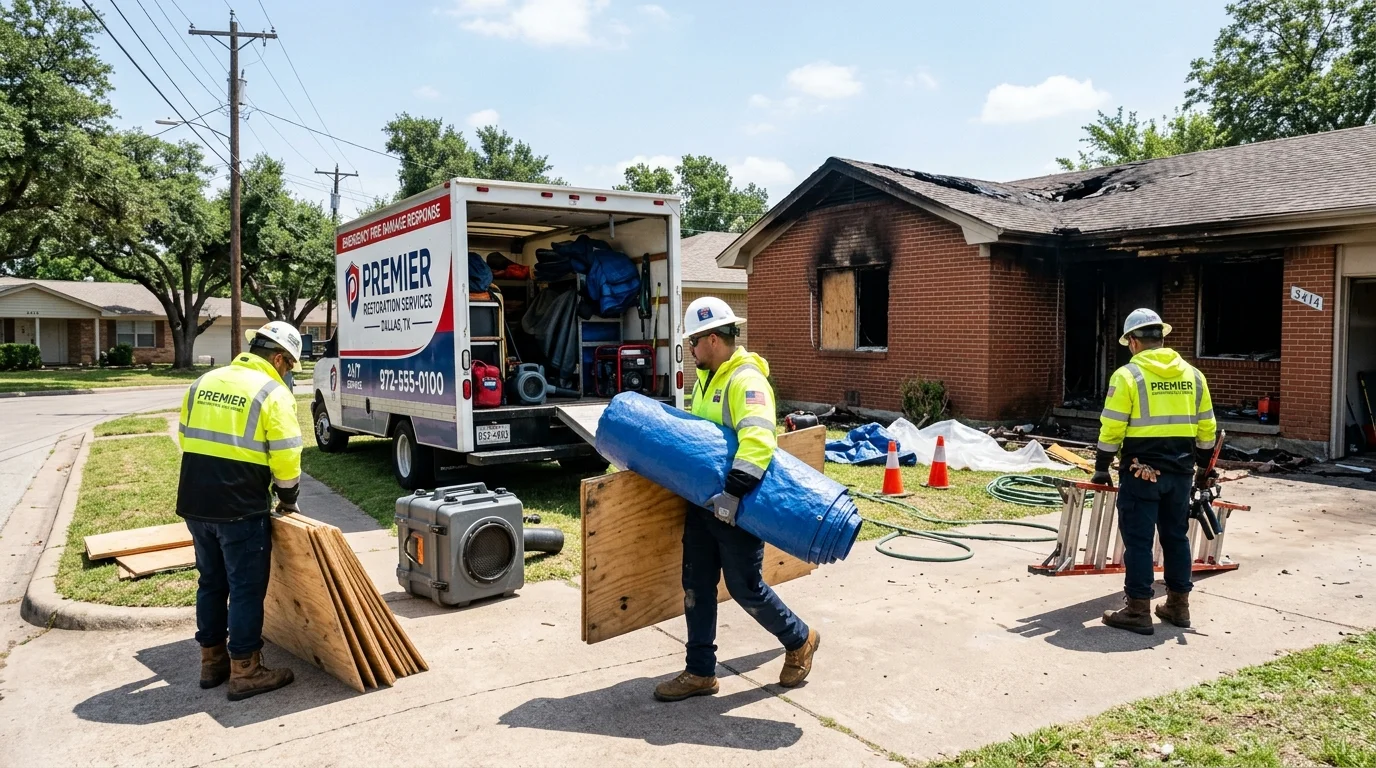 Apex Restoration Solutions comprehensive perimeter securing and barrier installation at a fire-damaged Dallas property