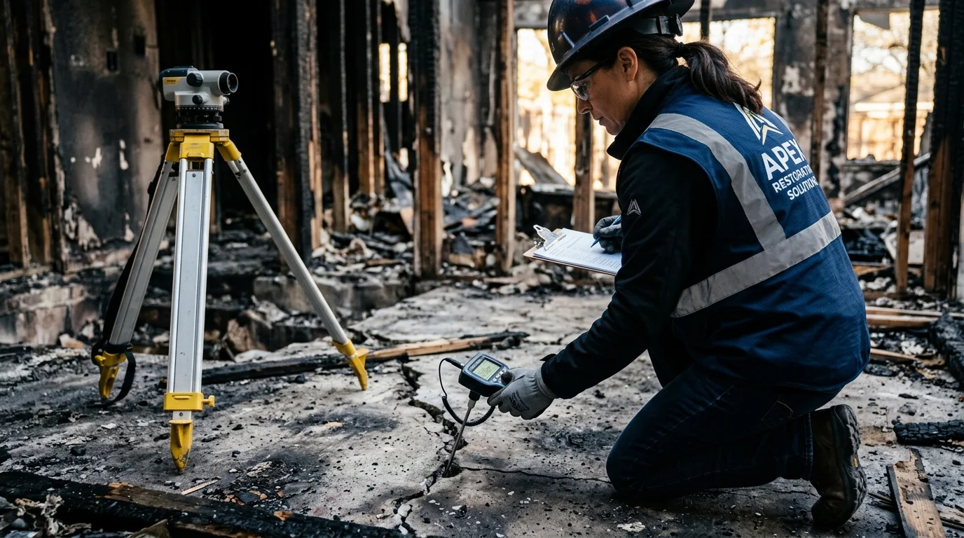 Apex Restoration Solutions insurance claims specialist and technical estimator assessing fire damage in Dallas