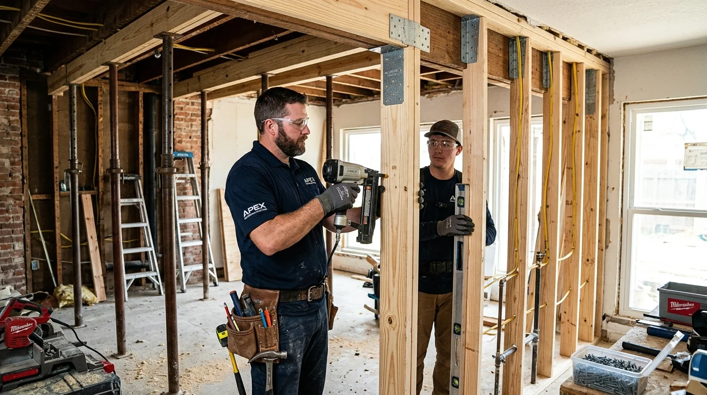 Contractors rebuilding fire-damaged load-bearing stud walls with structural steel plates in Dallas