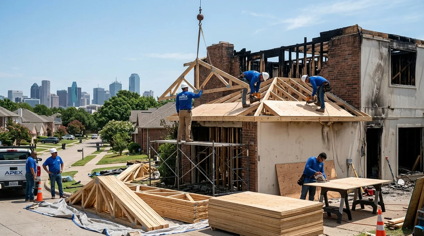 Apex Restoration Solutions master roofing crew reconstructing roof trusses and plywood decking in Dallas