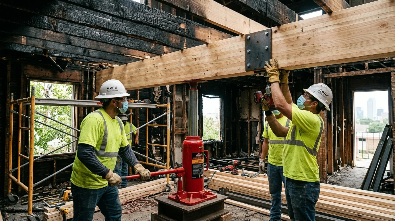 Licensed restoration construction crew reinforcing burned structural lumber and beam headers in Dallas